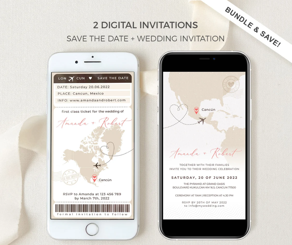 Digital invitation bundle displayed on two phones showing a boarding pass-style save the date and formal wedding invitation with a world map design