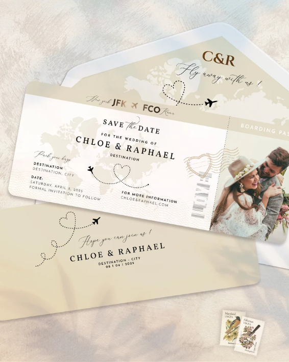Boarding pass-style destination wedding save the date card featuring a couple's photo, names, and travel-themed design with envelope