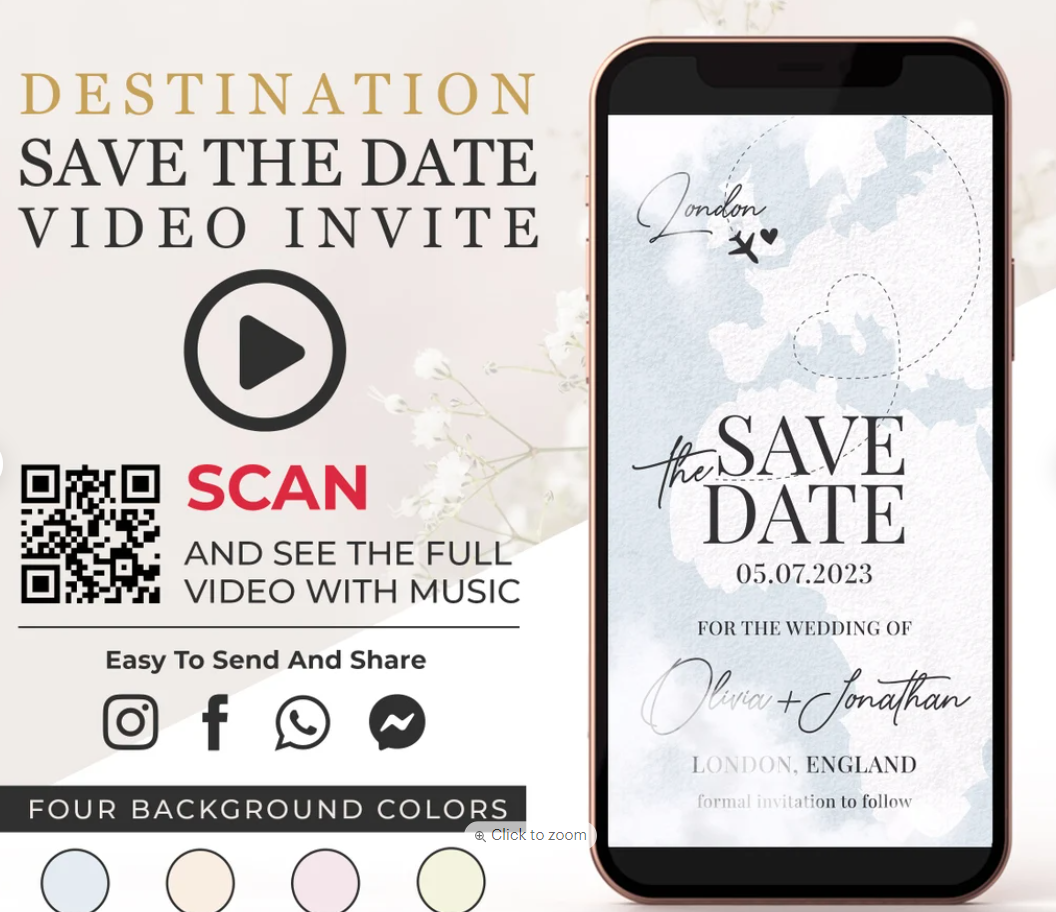 Phone mockup showing a video-based destination wedding save the date with a QR code to scan and play a music video invitation, offered in four background colors