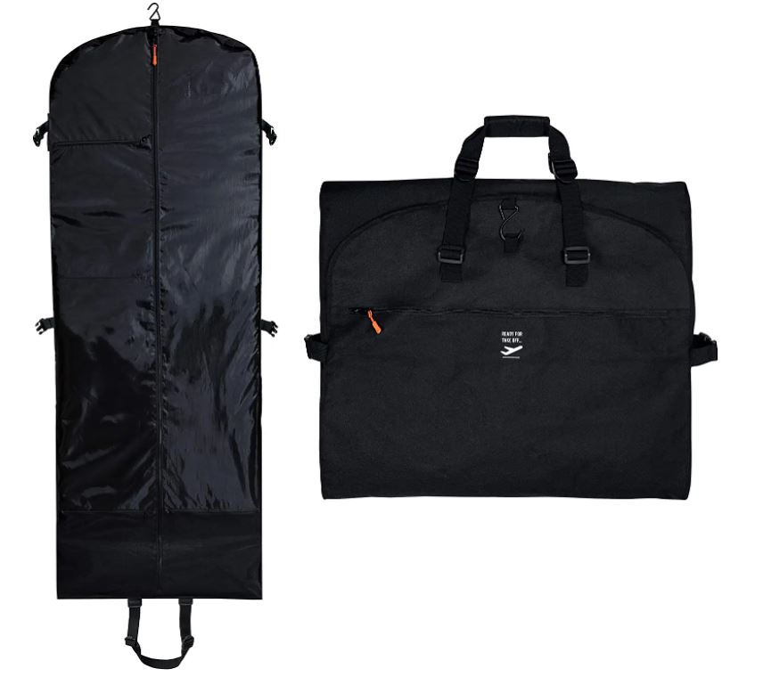 Black garment bag shown in two configurations: hanging vertically with a clear front panel, and folded flat as a carry-on duffel bag with handles