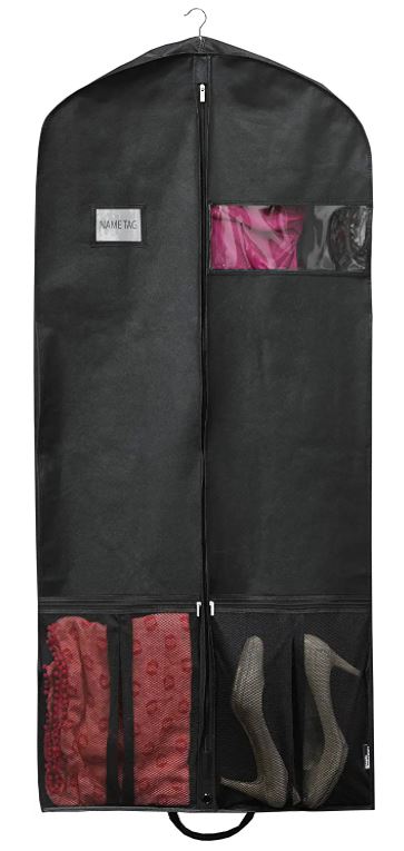 Black hanging garment bag with clear mesh pockets at the bottom for shoes, a name tag window, and a center zipper closure
