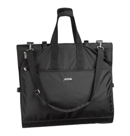 Black soft-sided WallyBag garment bag with dual tote handles and a crossbody shoulder strap shown closed on a white background