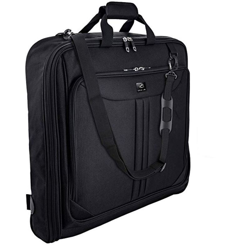 Black hard-sided rolling garment bag with a top carry handle and detachable shoulder strap shown at an angle on a white background