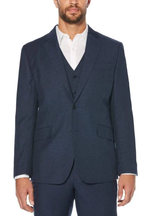 Man wearing a navy blue two-button suit jacket over a white open-collar shirt, shown in a product photo on a white background