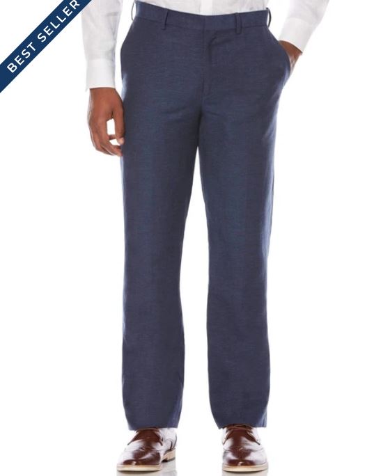 Man wearing navy blue straight-leg dress pants with brown leather loafers, shown as a best seller product photo on a white background