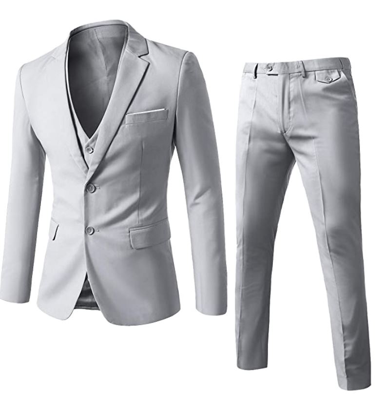 Light grey three-piece suit set showing the jacket with vest and matching slim-cut trousers laid flat on a white background