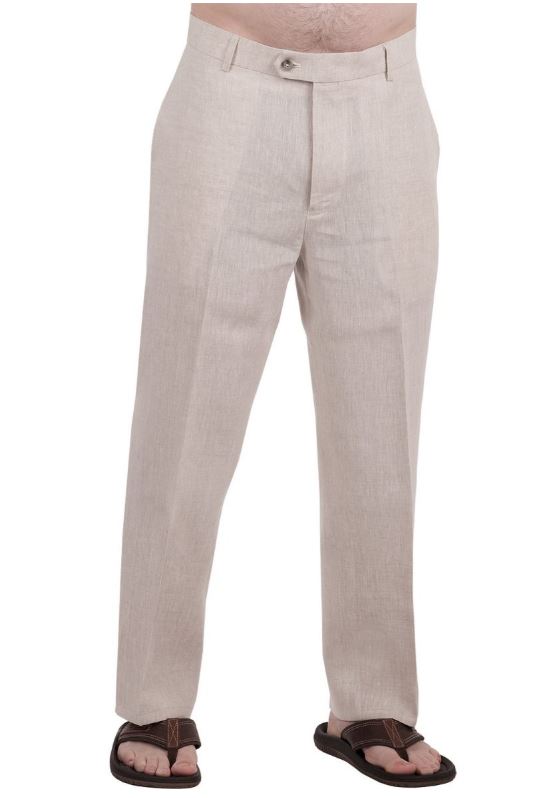 Man wearing natural beige flat-front linen dress pants with dark leather sandals, shown in a product photo on a white background