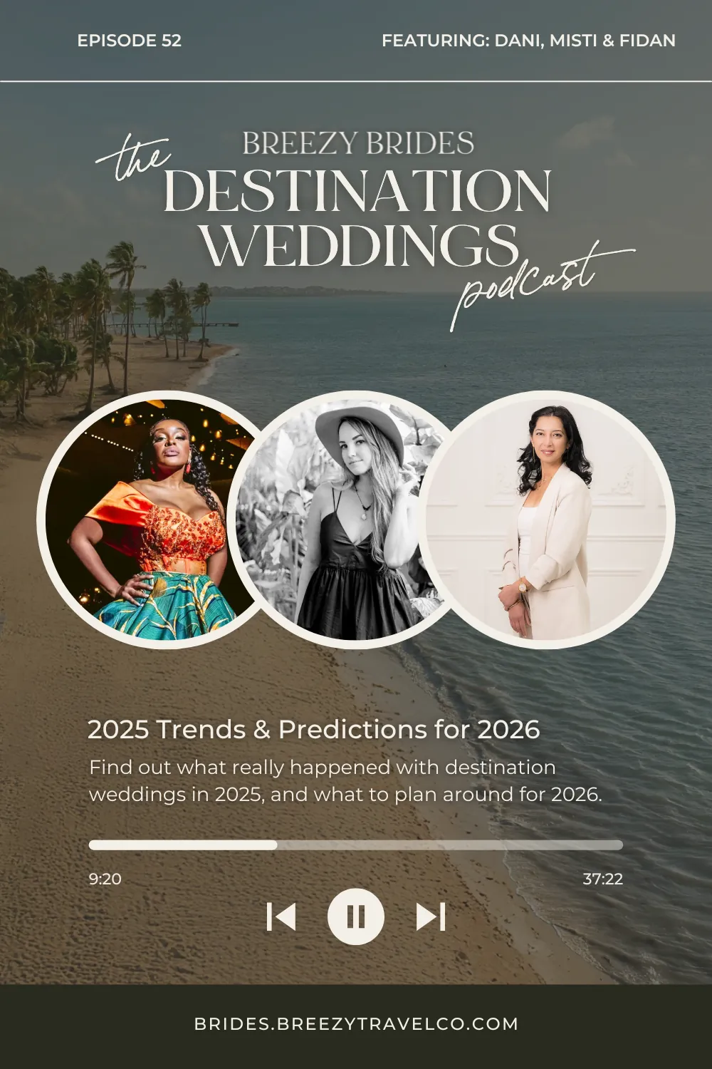Promotional graphic for The Breezy Brides Destination Weddings Podcast Episode 52 titled “2025 Trends & Predictions for 2026,” featuring destination wedding experts Dani, Misti, and Fidan over a tropical beach background, discussing destination wedding trends, resorts, and planning insights.