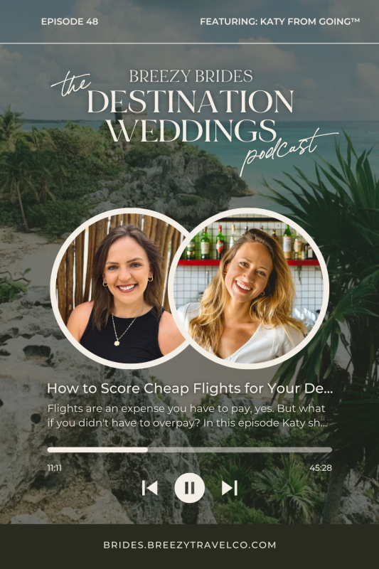 Podcast cover for Breezy Brides: The Destination Weddings Podcast Episode 48, featuring Katy from Going™. The background shows a tropical coastline with cliffs and palm trees. Circular portraits of two smiling women appear in the center. The episode title reads “How to Score Cheap Flights for Your Destination Wedding,” with a short description about saving on airfare. At the bottom is a podcast player interface showing the episode length and play controls, along with the website URL brides.breezytravelco.com.